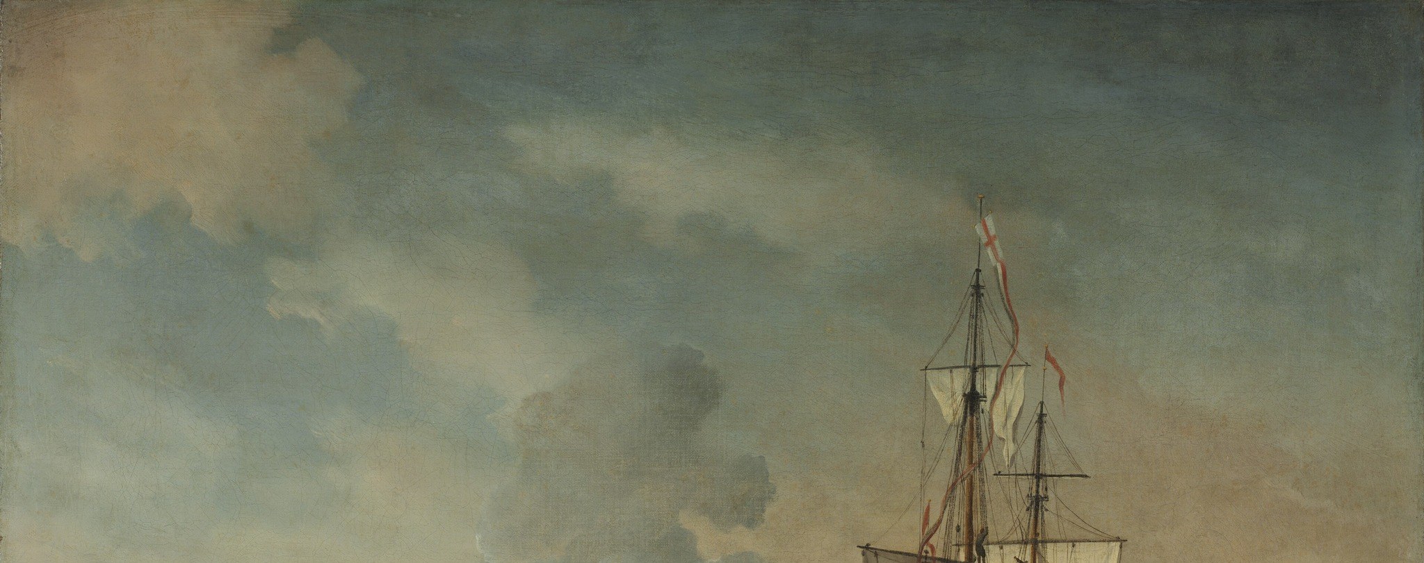 The sky sets the tonal key for everything below , warm breaks through grey cloud mass control the mood and unite smoke, sail, and sea in the same silvery atmosphere.
