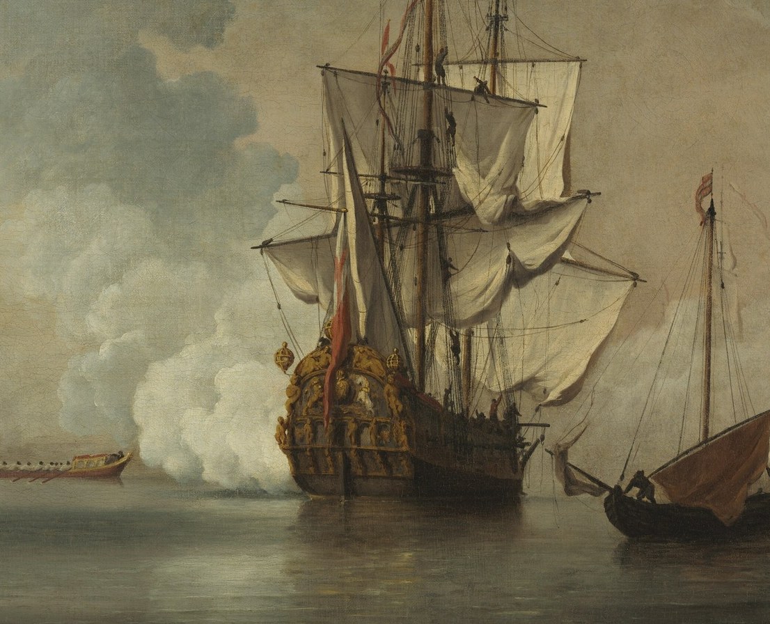 Rows of gun ports define the ship's rate and firepower; the salute is fired from this flank, making it the physical epicenter of the ceremonial action.