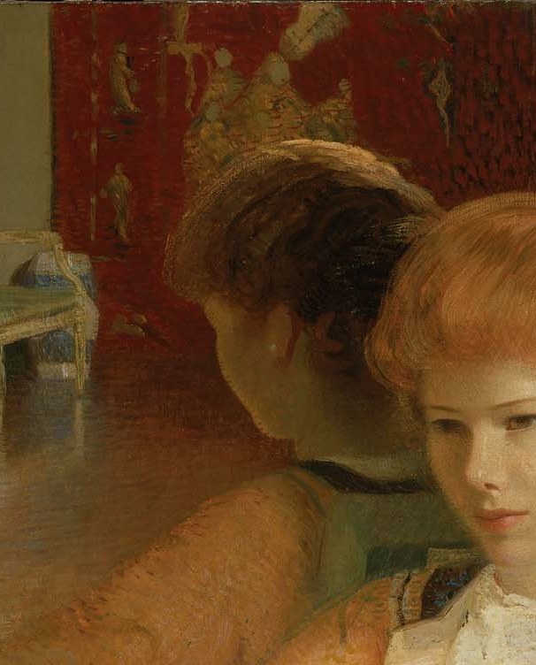 Now, look closely into the mirror behind her.