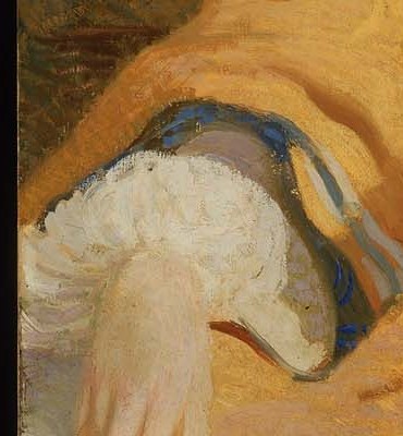 Delicately rendered, her hand rests on her lap, conveying a sense of ease and elegance.