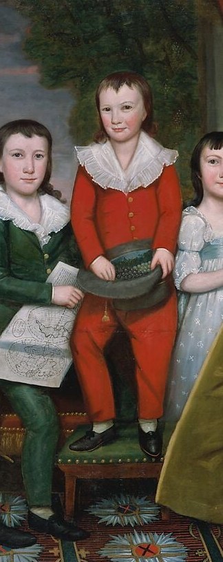 The saturated red coat makes this child the visual anchor of the group; Earl rarely uses such a bold color, suggesting deliberate hierarchy within the siblings.