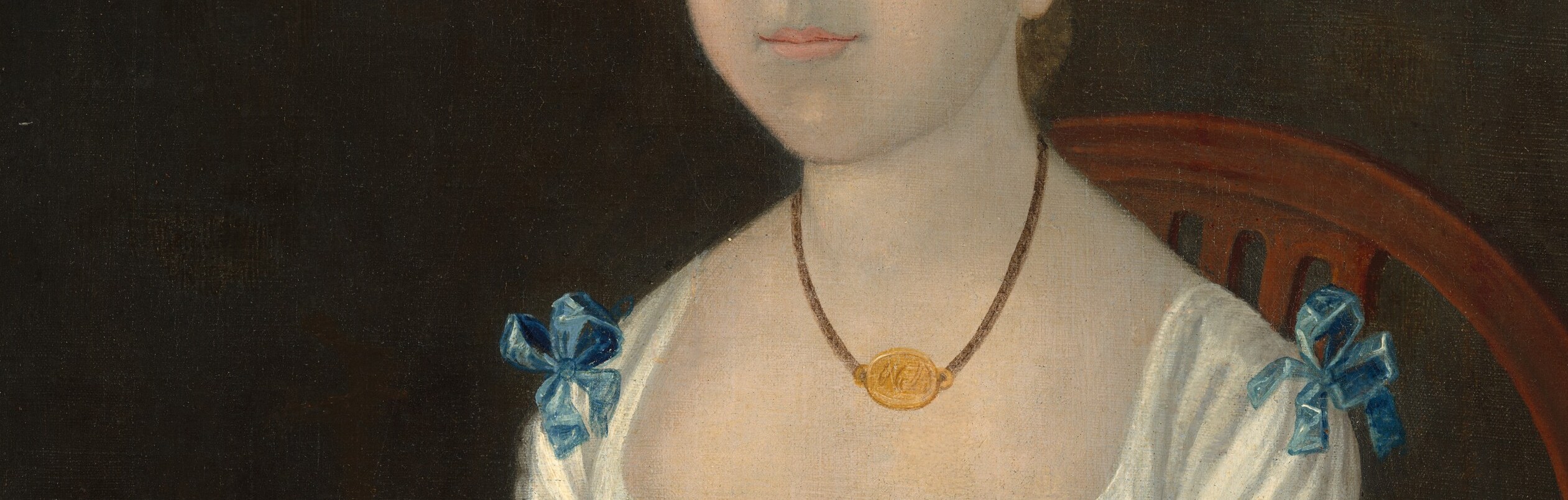 The blue ribbons on her dress are this painter's signature mark.