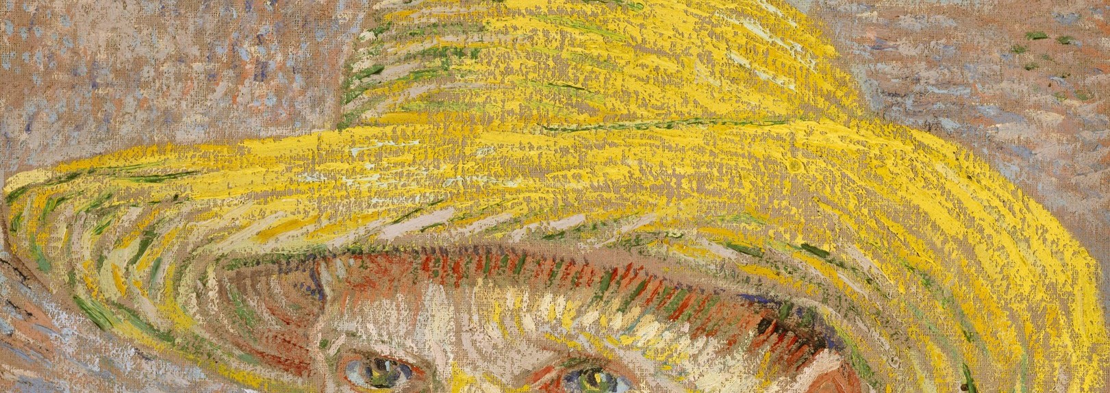 The brim arcs across the full width, framing the face like a halo; the curved brushstrokes shift from yellow to green-yellow at the edges, showing Van Gogh mixing color optically on the canvas