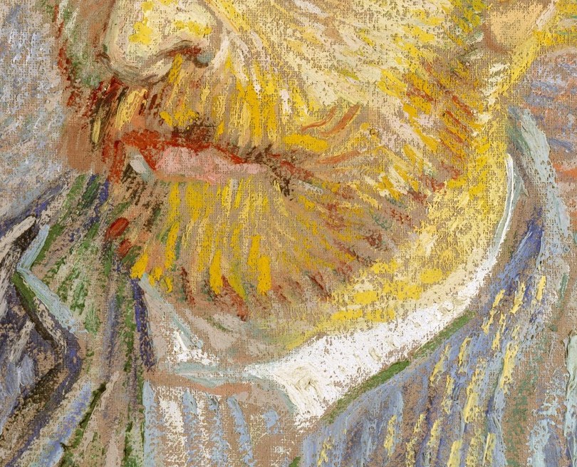 The beard is painted in short, bristling directional strokes of orange-red and brown , each stroke reads as a hair, revealing the Post-Impressionist principle of stroke-as-mark rather than blended texture