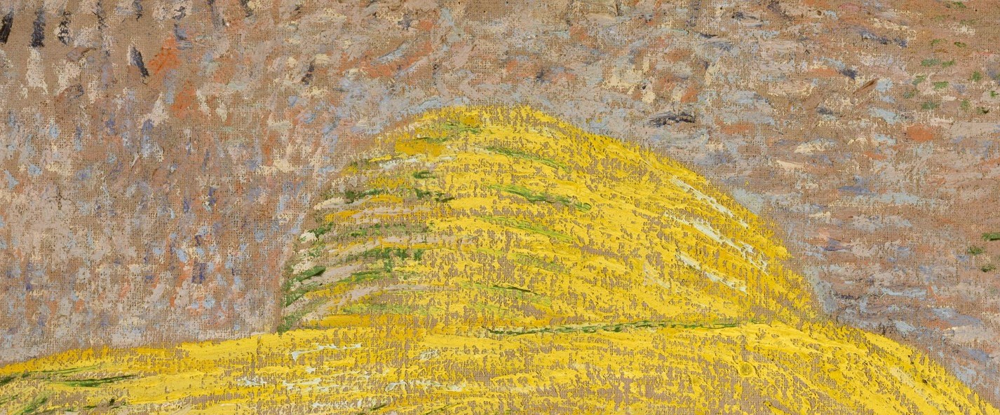 Extraordinary surface texture , individual straw rows are built up in thick parallel ridges of cadmium yellow; a virtuoso demonstration of impasto mimicking woven material