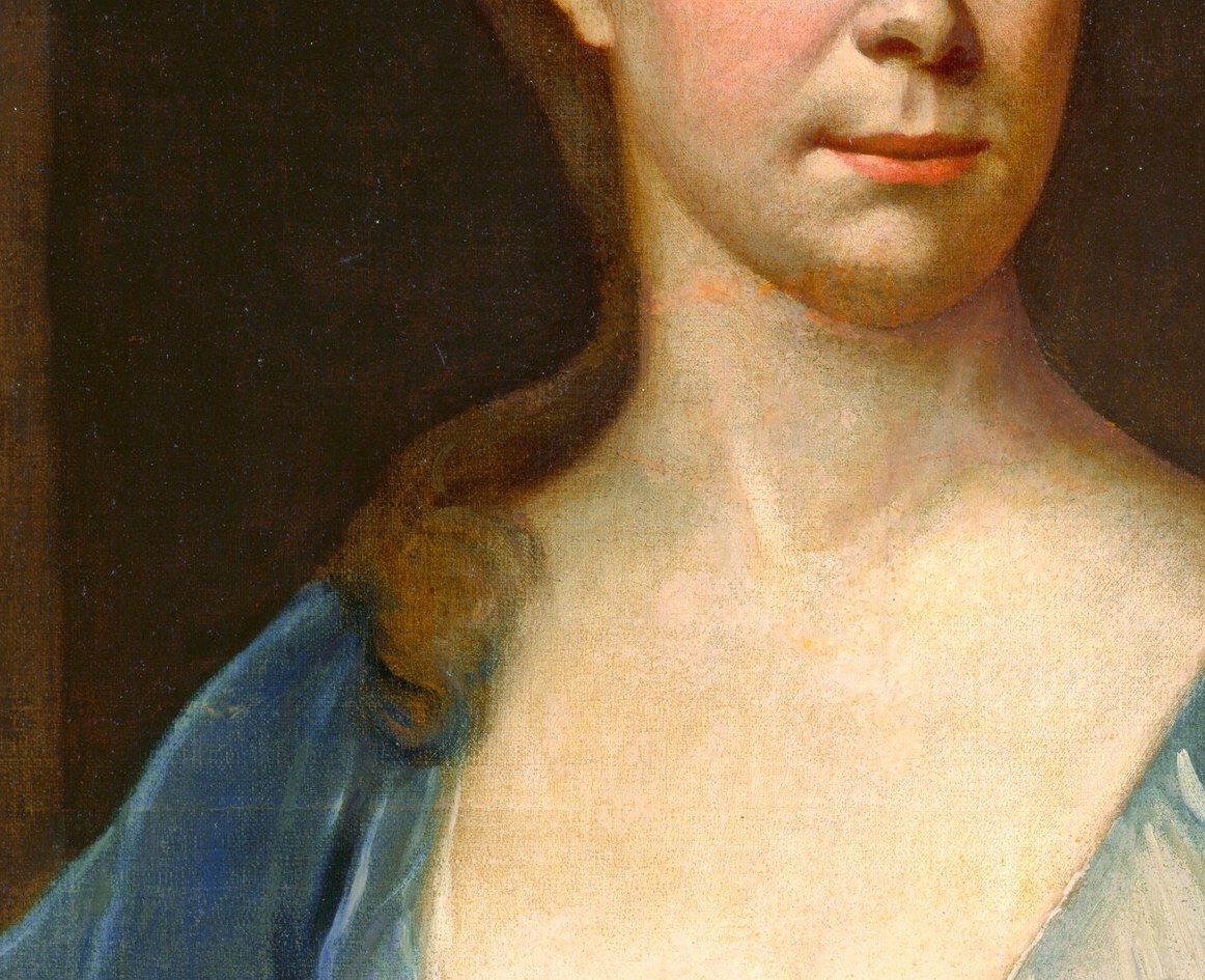 The depth of the neckline is a calibrated status signal, not intimacy , this precise amount of visible chest was the fashionable norm for English gentry portraiture ca. 1720 and would read instantly to contemporaries.