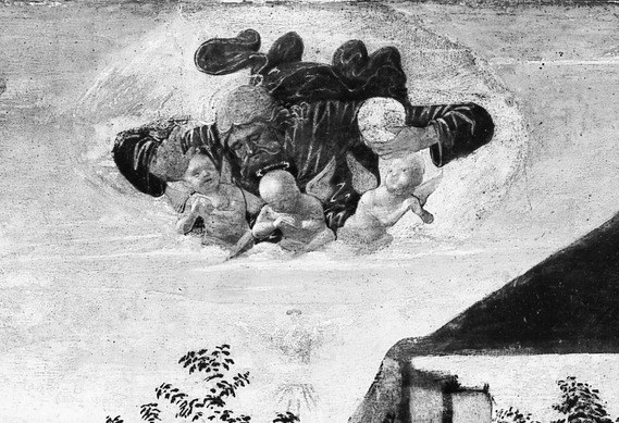 A winged angel floats at the apex, blessing the event below , the divine witness confirming the sacred nature of the birth.