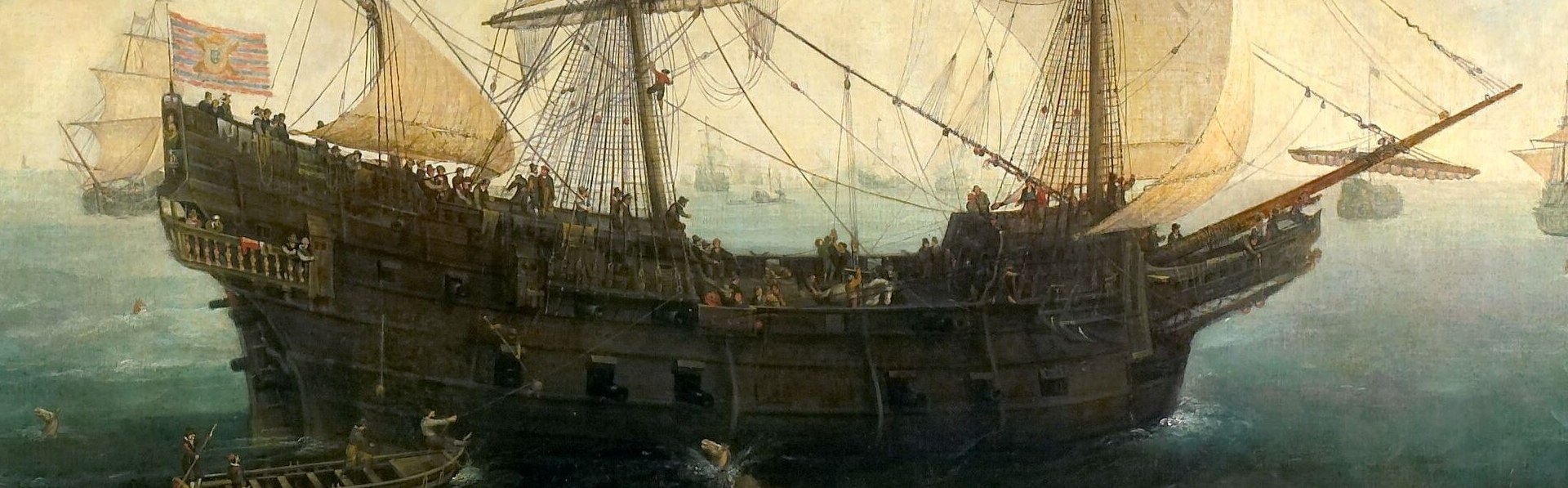 The detailed rendering of the hull, with its many decks and gunports, conveys the formidable nature of the Armada.