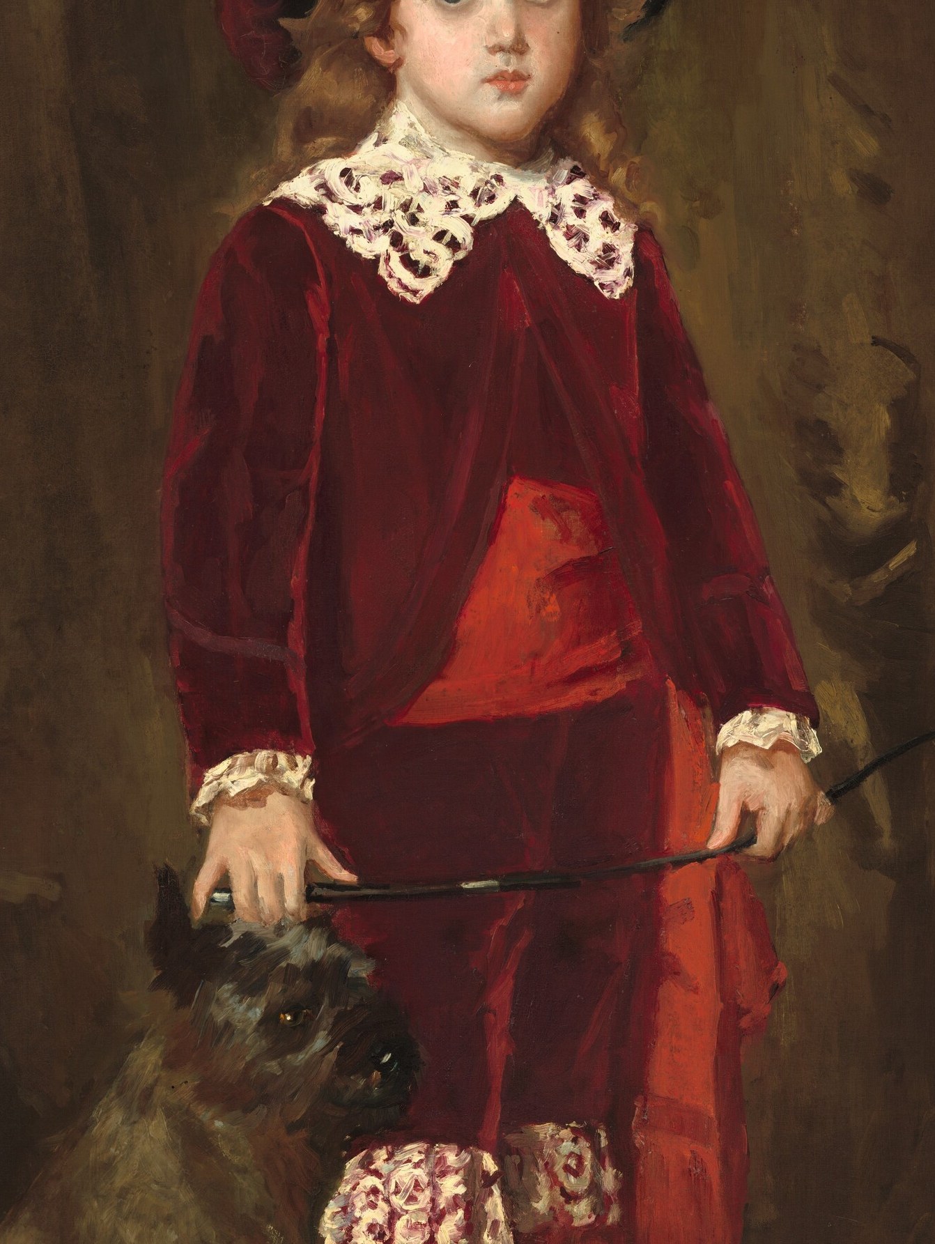 He wears a burgundy velvet suit, carefully rendered.