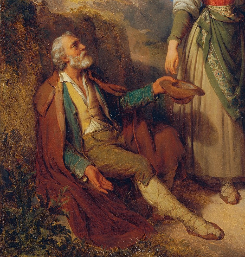 His gaze is directed upwards, suggesting a spiritual or hopeful focus, and his outstretched hand seems to be reaching for something or someone.