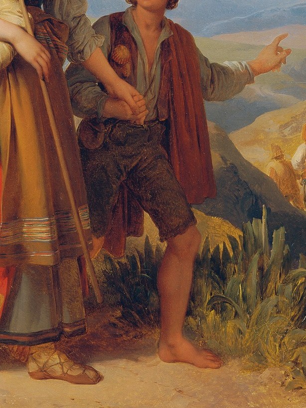 The young boy points to their distant destination.