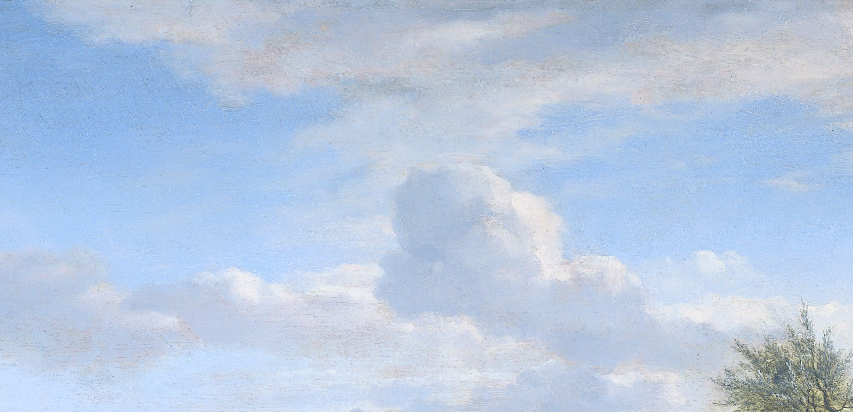 The luminous sky and clouds dominate the upper portion, suggesting atmospheric depth and a serene, bright day.