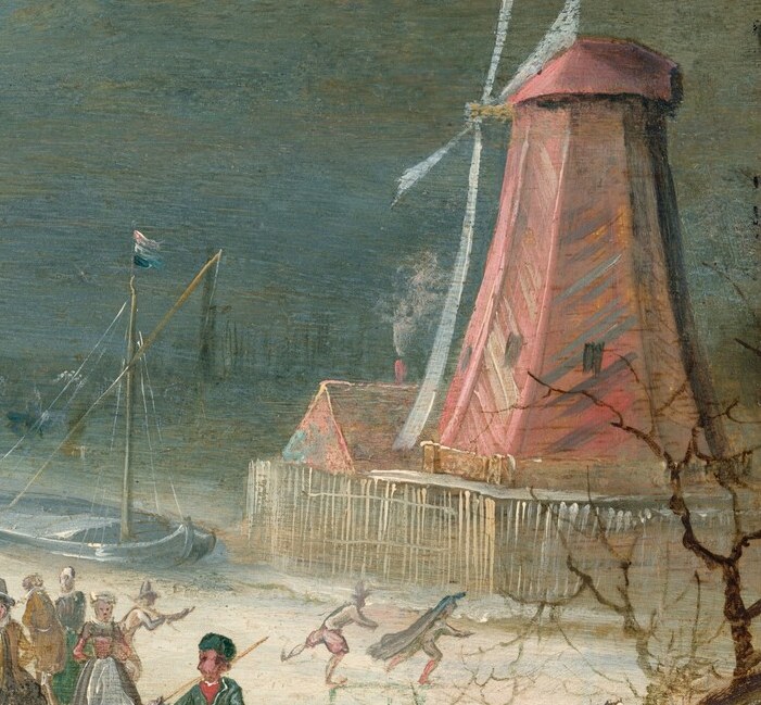 A prominent landmark that anchors the right side of the composition and suggests the rural setting.