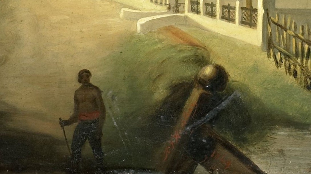 Depicts everyday life and transport on the river, grounding the scene in human activity.