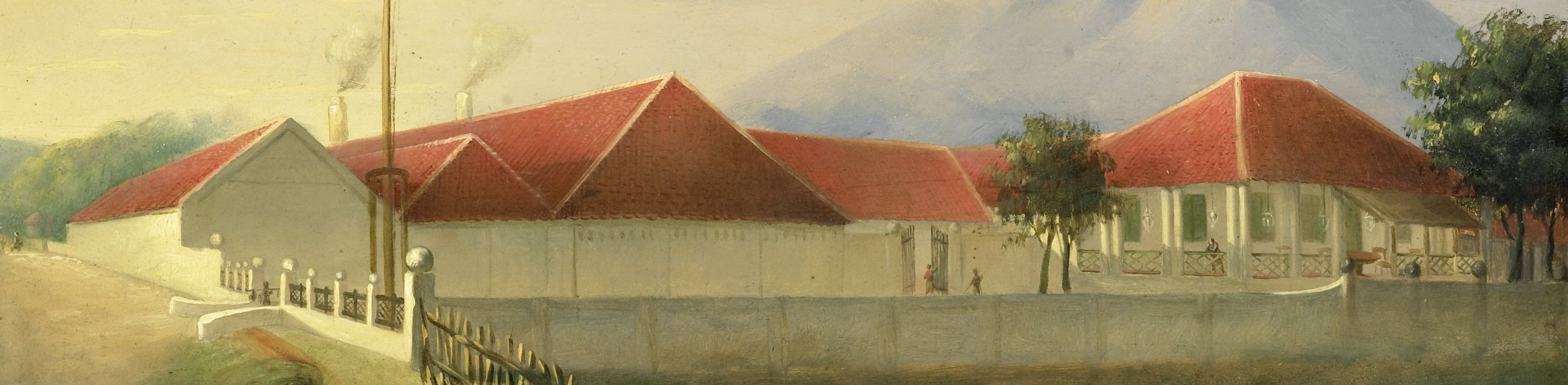 Red-tiled roofs and smoke wisps suggest daily colonial life.