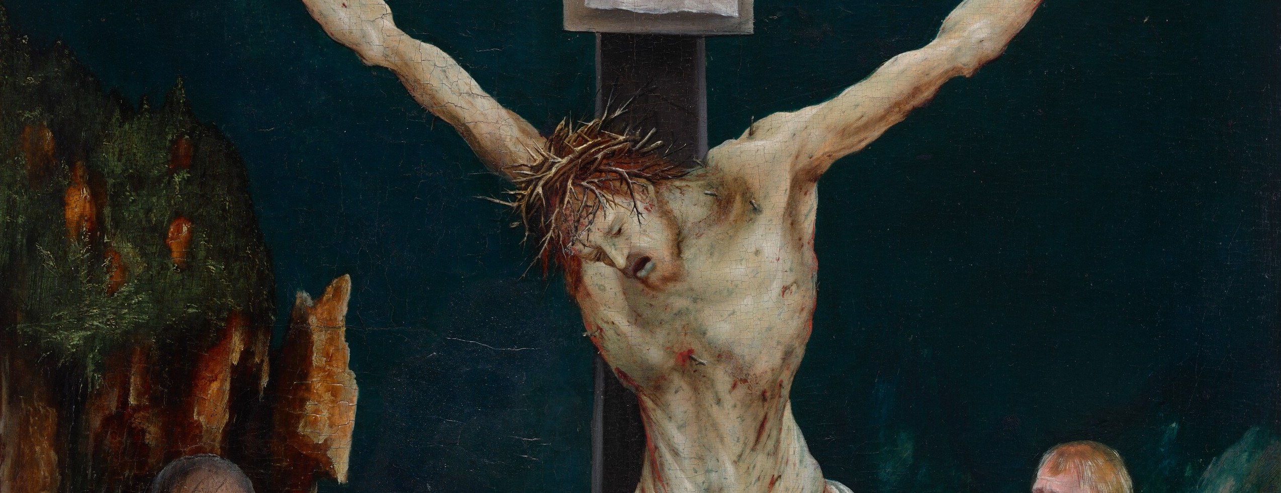 The fingers curl and splay in a final spasm , not the elegant open palms of Italian Renaissance crucifixions but a convulsive, anguished grip on air.
