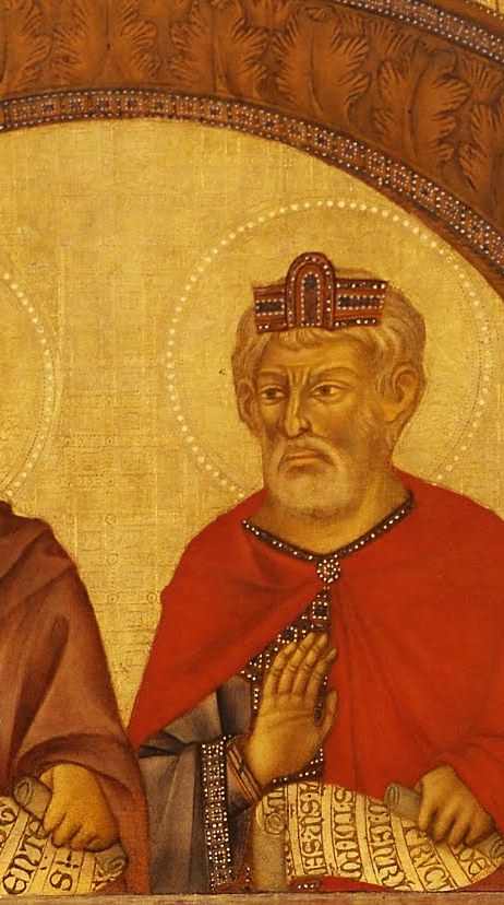 The crown signifies royalty and his prophetic role, possibly alluding to King David or Solomon.