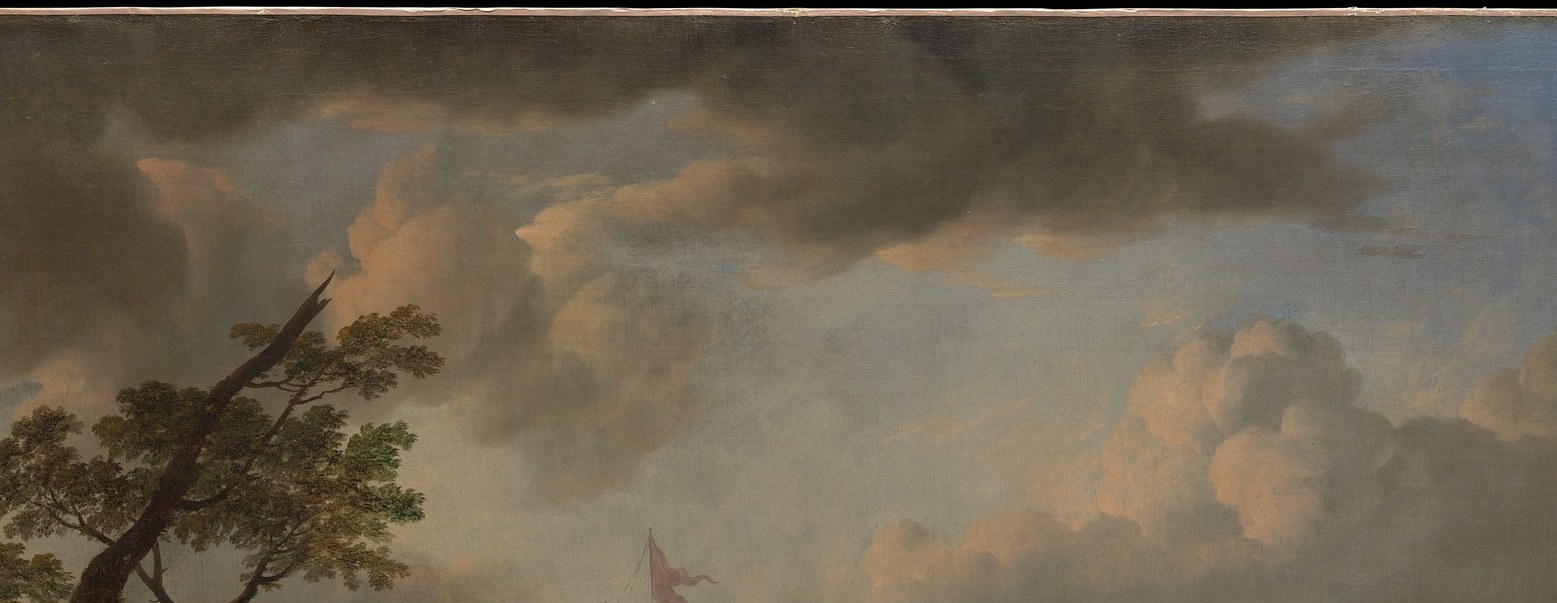 Warm light breaking through dark clouds , Lingelbach's theatric lighting gives moral weight to the chaos below