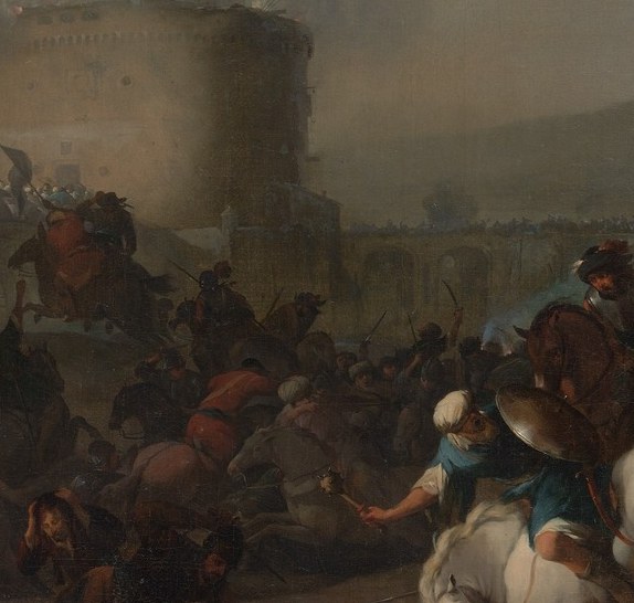 The luminous white coat makes it the compositional anchor; its motion vectors your eye into the chaos of the melee