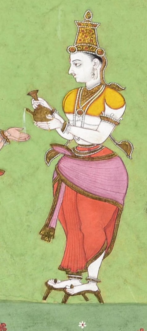 King Bali on the right grants Vamana a wish.