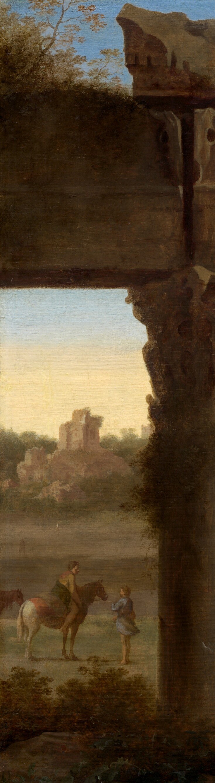 the sheer height of this fractured column frames the entire left side; crumbling masonry signals fallen earthly power against which a widow's miracle of provision becomes more resonant
