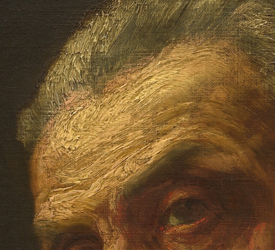 He captures every detail, even the thinning hair.