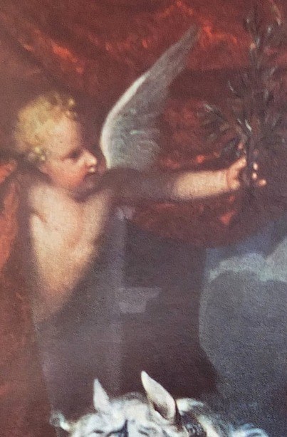 A winged figure hovers on his left.