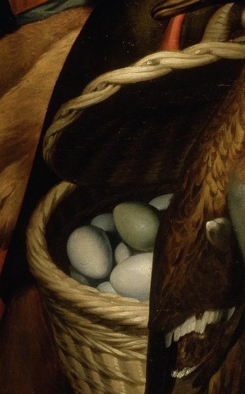 Beside him: a basket of fragile eggs.
