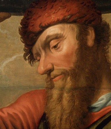 His gaze is downcast, suggesting weariness or contemplation of his trade.