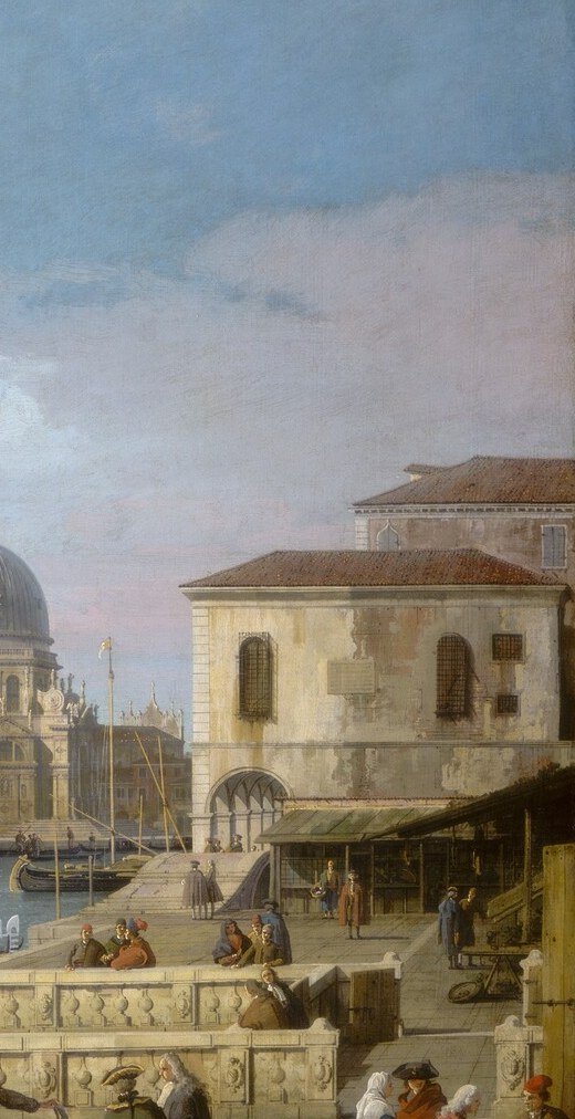 Sansovino's classical arcade diminishes into the right margin with mathematically perfect foreshortening , Canaletto's showpiece of vanishing-point mastery, possibly constructed with a camera obscura