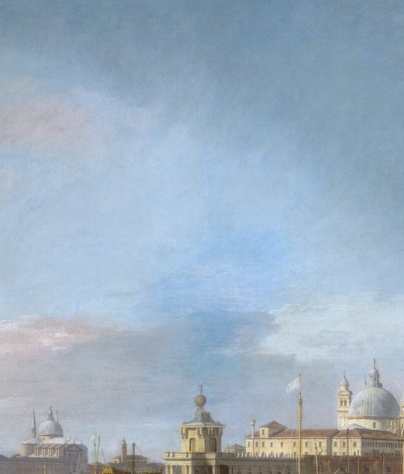 Longhena's masterpiece dominates the skyline; its stepped drum, voluted buttresses, and paired domes are rendered with Canaletto's optical precision , the whole composition pivots around it
