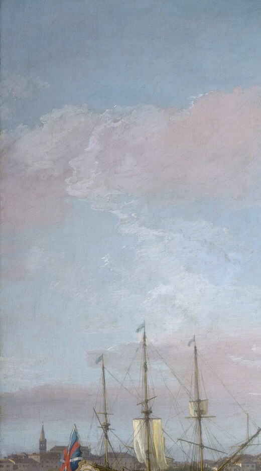 Two or three large merchant vessels at anchor prove Venice was still a working international port in 1742; their rigging slices the sky in a counterpoint to the solid domes