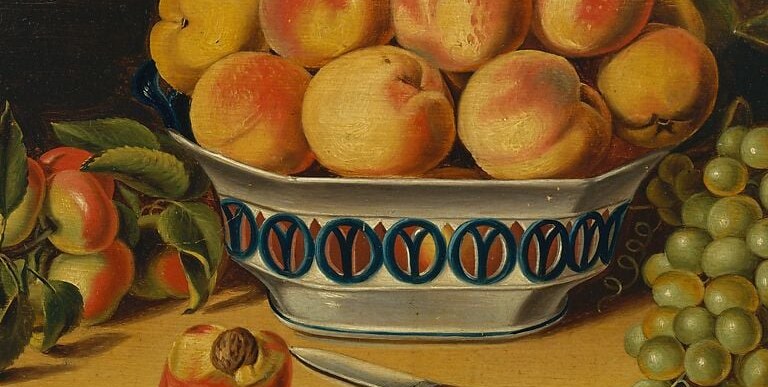 The decorative blue-and-white pattern on the bowl signals fine imported (likely Chinese export) ware, adding a layer of status and global trade commentary to a 'simple' fruit still life.
