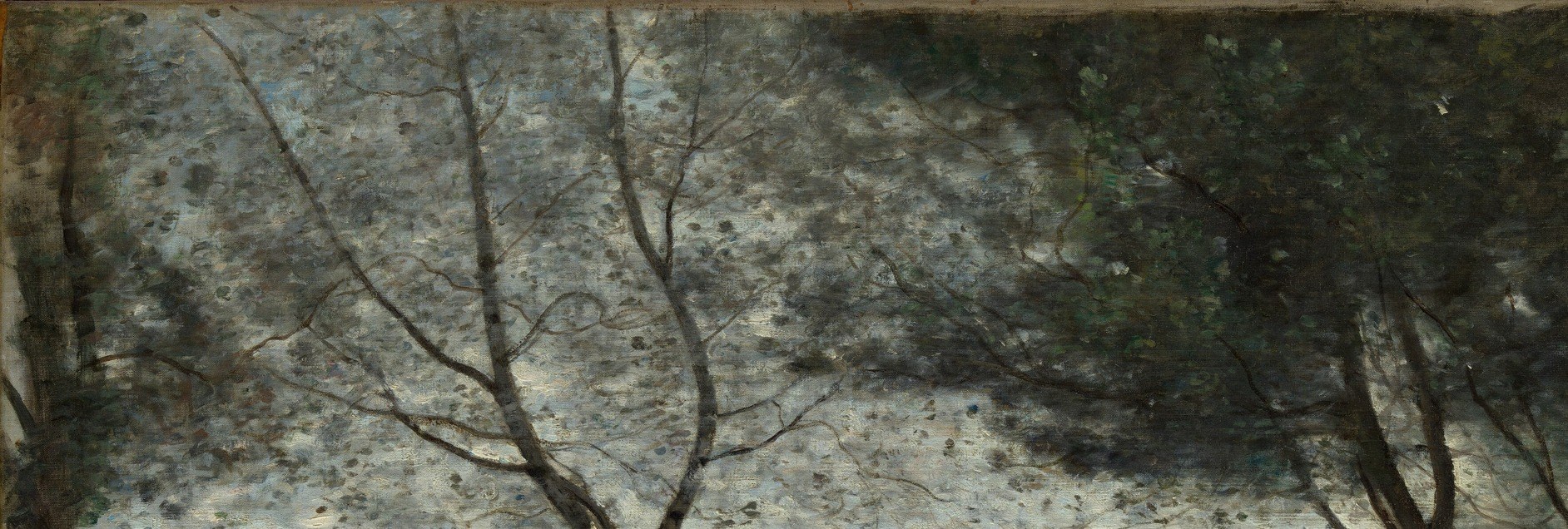 The lacy wintertime branch silhouettes layered over a glowing sky are Corot's most-imitated compositional device , this passage alone influenced the entire Impressionist generation's treatment of trees against light
