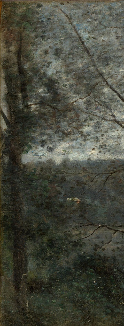 Corot's signature skeletal winter forms; the twisted multi-stem trunks frame the scene like a stage wing and up close would reveal visible impasto brushwork on the dark bark