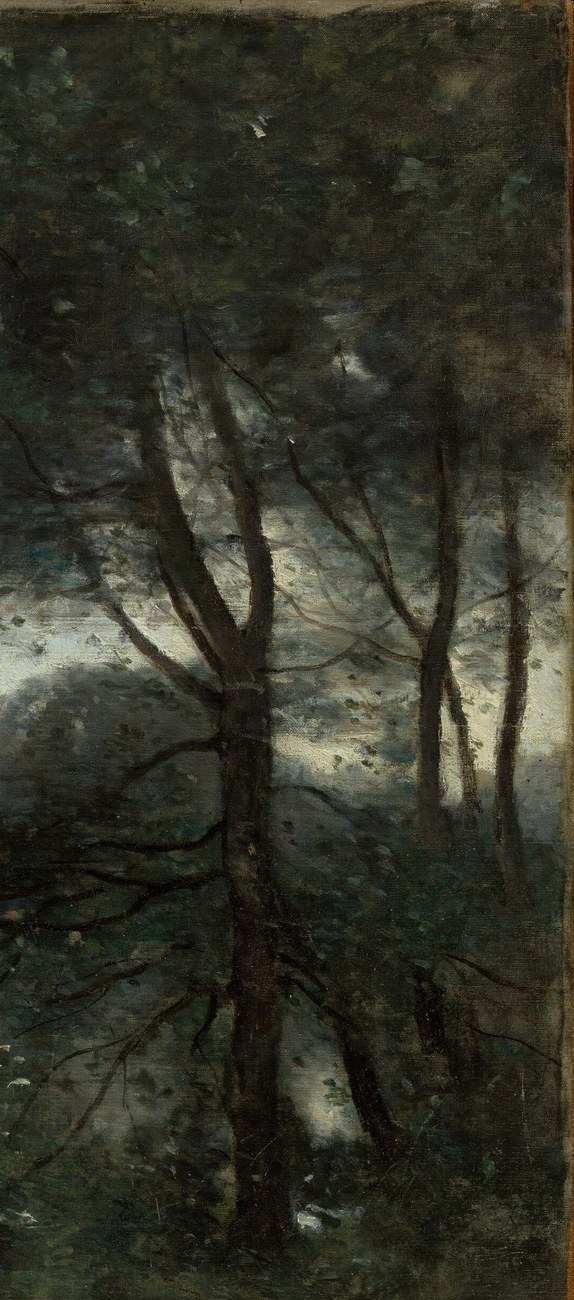 The right trees form a dark theatrical coulisse that closes the scene and channels the eye inward toward the luminous water; their density contrasts sharply with the bare trunks on the left