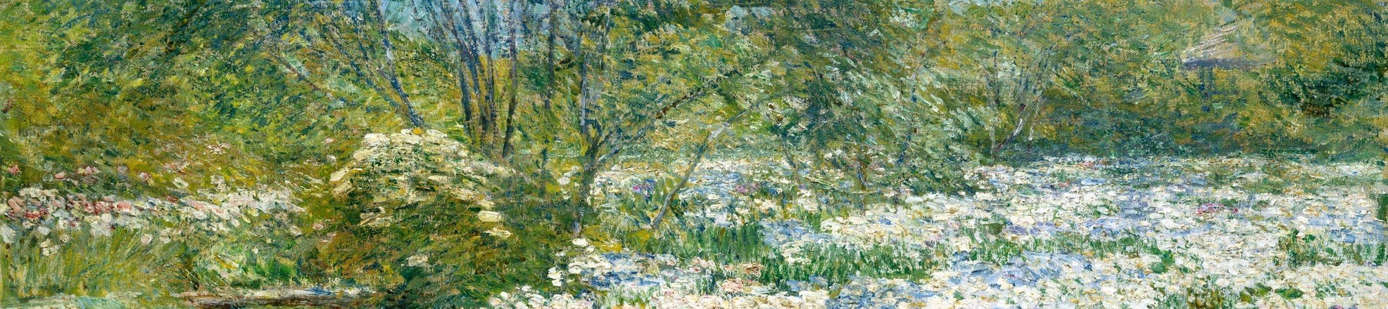 The upper zone of dappled green and yellow-white creates a luminous sky-filtered backdrop that fills the painting with atmosphere rather than sky