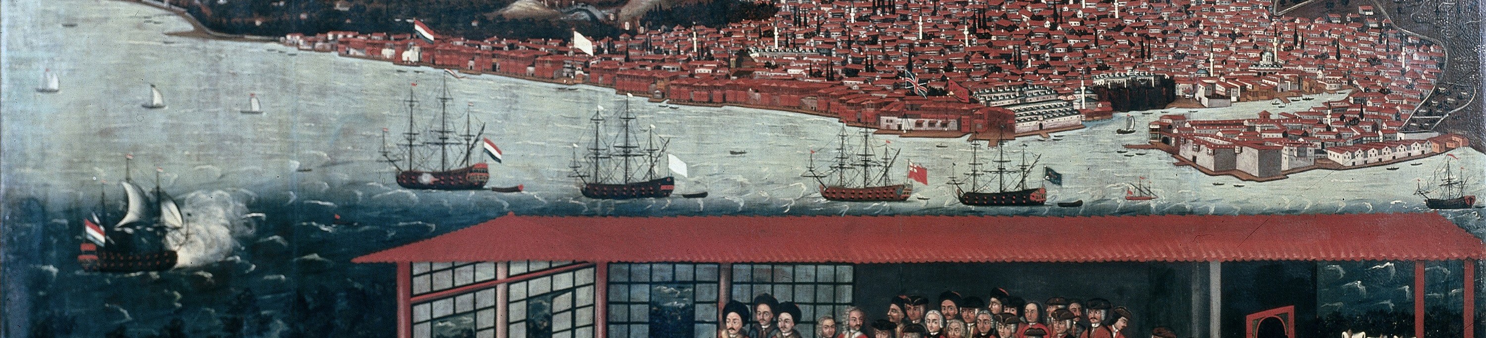 Look at the bustling harbor, filled with ships.