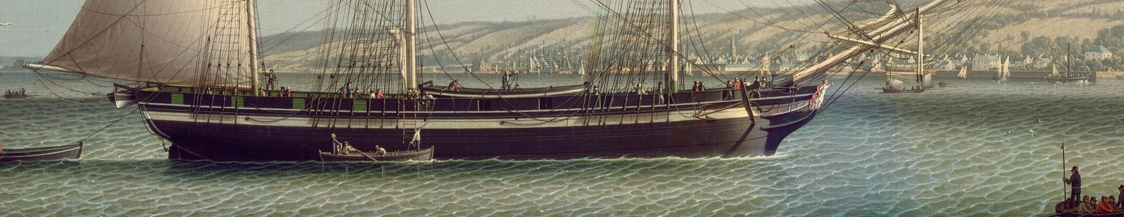 This painting captures a specific moment at sea.