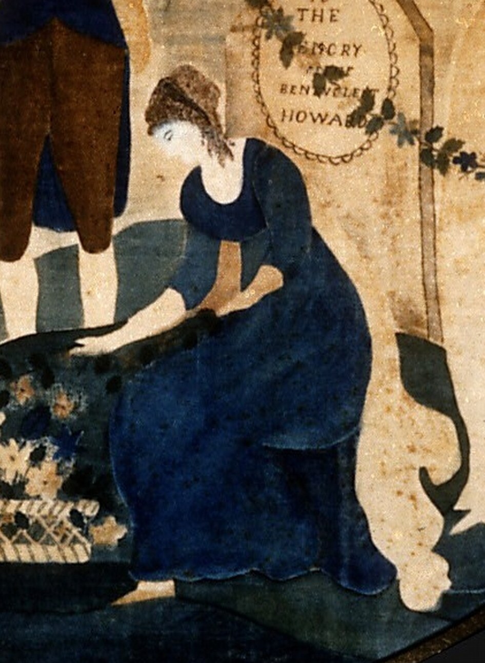 The kneeling figure with flowers suggests charity and compassion.