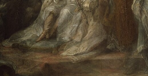 Gustav III wears heavy coronation robes.
