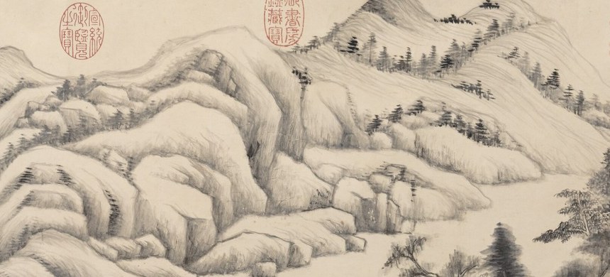 He stacks the peaks vertically, refusing Western perspective.