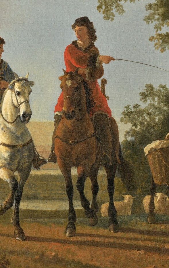 This peaceful scene shows horsemen and herdsmen at rest.