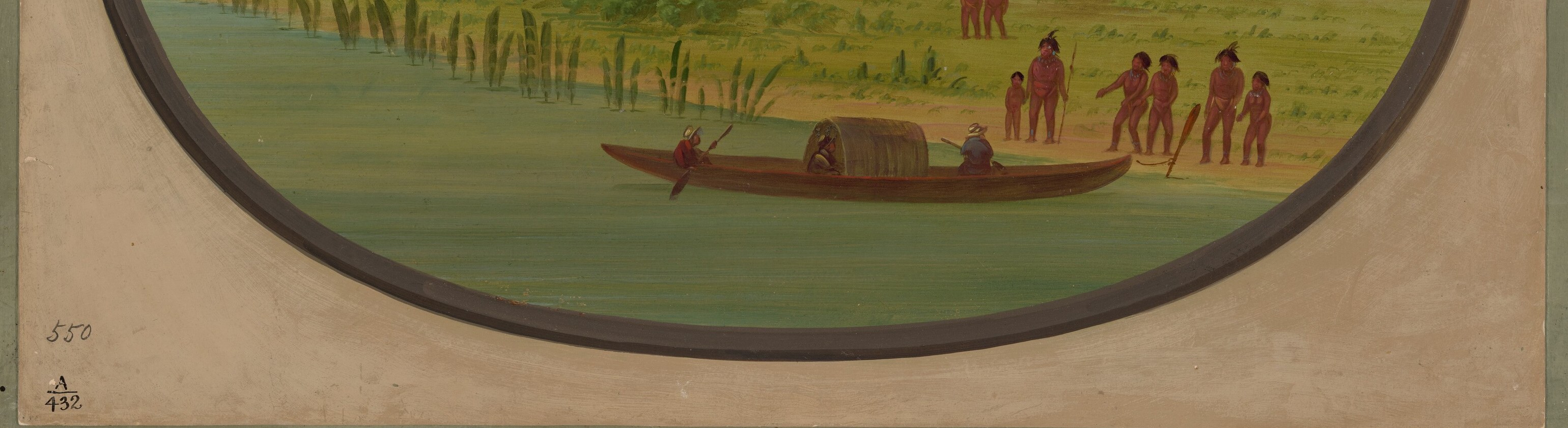 The reflective water that carries the canoe and mirrors the pale sky.