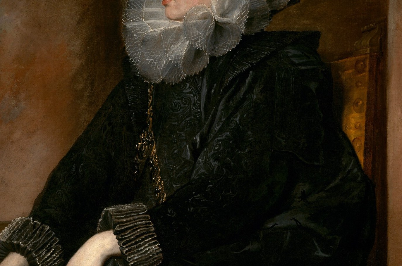 But look at her starched white ruff. Its size precisely dates this portrait.