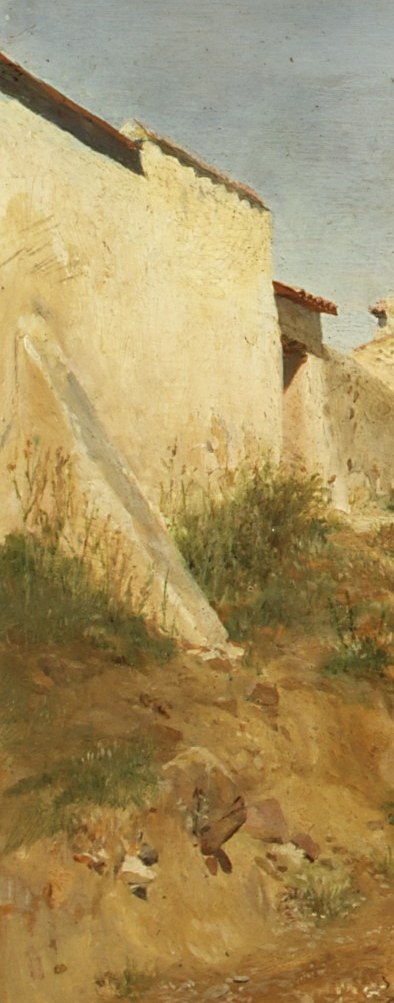 Decaying masonry contrasts the officers' polished military order with civilian neglect; anchors the scene in a specific Mediterranean locale