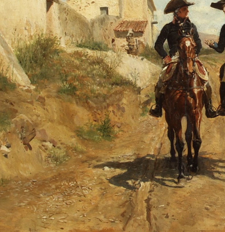 Dark vs light horse separates rank visually; rendering two entirely different coat textures with equal precision is a technique passage worth isolating
