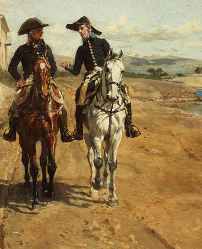 The coat catches full Mediterranean sun and dominates the palette; Meissonier was celebrated for anatomically precise horse painting and this is his showpiece