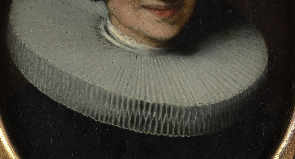 The meticulously painted millstone ruff is a status marker and date anchor , this stiff wheel-ruff style was fashionable in the 1650s-60s and identifies the sitter as prosperous Dutch bourgeoisie