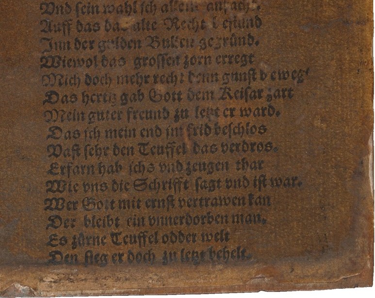A biographical epitaph, likely in German and Latin, painted the year he died.